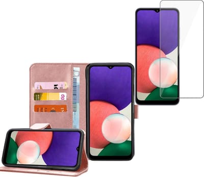 Hoesje geschikt voor Samsung Galaxy A22 5G - Screenprotector Glas - Book Case Portemonnee Hoesje Roségoud