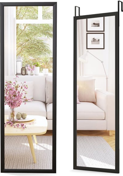 COSTWAY Wandspiegel, full-body spiegel met in hoogte verstelbare ophanghaken, deurspiegel, onbreekbaar, garderobespiegel, hangspiegel, gangspiegel, spiegel voor slaapkamer en woonkamer, 107 x 36,5 cm,