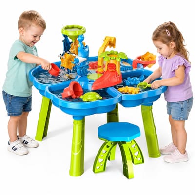 Kuddo Watertafel – Zand en Watertafel met Watermolen, Glijbaan & Krukje – Zandtafel Buitenspeelgoed – Waterspeelgoed met Accessoires