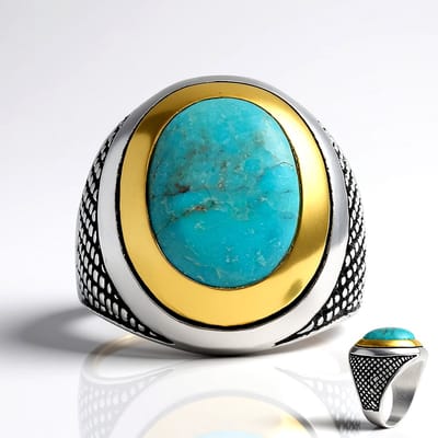 Cavill - Blauwe Kingman Mohave Turkoois Ring - 925 Sterling Zilver - 3 337 ct Ovaal Cabochon - Modern Rasterdesign - Unisex Sieraad