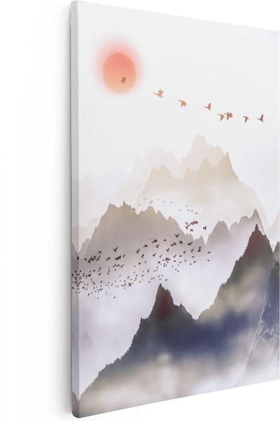 Artaza Canvas Schilderij Kraanvogels - 20x30 cm - Klein - Wanddecoratie Bergen - Muurdecoratie Zon - Kamer Accessoires Woonkamer