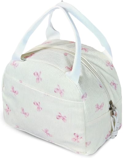 Lunchtas - Lunchtas - Leuke bloemenprint - Lekvrij materiaal - Herbruikbaar - Ruime lunchtas, geschikt voor werk, school en picknicks (roze strik)