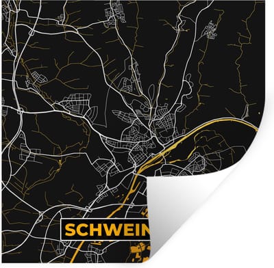 Muurstickers - Sticker Folie - Duitsland – Black and Gold – Schweinfurt – Stadskaart – Kaart – Plattegrond - 100x100 cm - Plakfolie - Muurstickers Kinderkamer - Zelfklevend Behang XXL - Zelfklevend behangpapier - Stickerfolie
