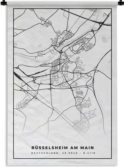 Wandkleed - Wanddoek - Plattegrond - Kaart - Rüsselsheim am Main - Stadskaart - 120x180 cm - Wandtapijt