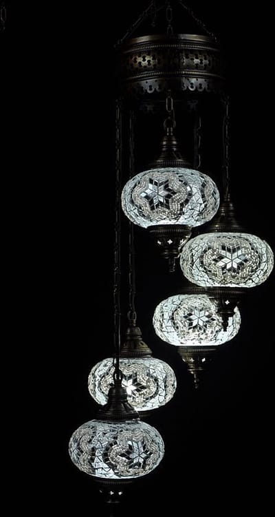 Turkse Lamp - Hanglamp Mozaïek - Kroonluchter Wit - 5 Bollen - Handgemaakt en Authentiek