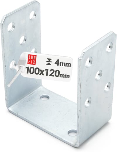 LUN FIX - U-paaldrager 100 mm breed - 120 mm hoog - 60 mm diep - 4 mm verzinkt staal - voor terrassen en houtprojecten.