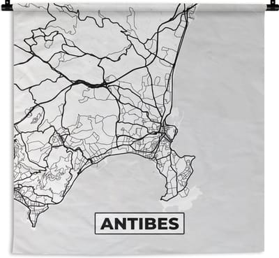 Wandkleed - Wanddoek - Stadskaart - Plattegrond - Antibes - Kaart - Frankrijk - Zwart wit - 180x180 cm - Wandtapijt