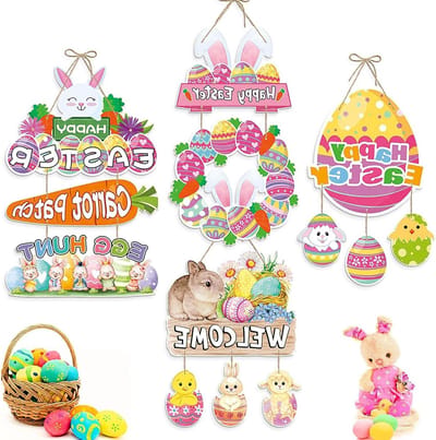 Paasei konijntje huis voordeur hanger decoratie, pastel regenboog borden en banners voor een vrolijke Pasen, lente muurversiering en feestelijke opknoping