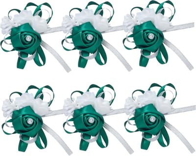 Pols Corsage - Polsbloem Armband - Bruiloft Accessoire - Lint Parel Strass Details - 6 Stuks - Groen