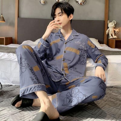 Katoen Cartoon Olifant Herenpyjama Lange Mouwen Cardigan Nachtkleding Loungewear Jonge en Middelbare Leeftijd Studenten Casual Huiskleding L gray