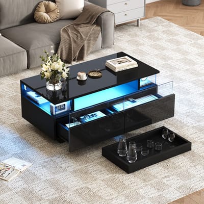 DESMIU Salontafel - Hoogglans Zwart Met LED En Uitneembaar Dienblad - Voor Woonkamer En Naast De Bank - Spaanplaat, Acryl En Gehard Glas - 90x45x35,5 Cm
