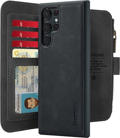 CaseMania Bookcase hoesje geschikt voor Samsung Galaxy S25 Ultra - Effen Zwart - Kunstleer - Portemonnee met 11 Vakjes voor Pasjes en Ritsvak