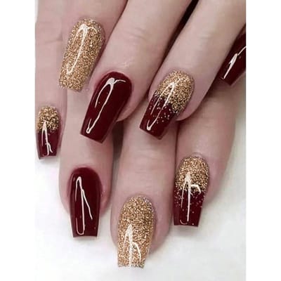 Vierkante Press-on Nagels Set Elegante Bordo Rood Glitter Nepnagels Mode Goud Los Poeder Nepnagels Volledige Dekking Nepnagel Tips voor Vrouwen rood