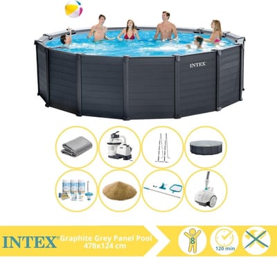 Intex Graphite Gray Panel Zwembad - Opzetzwembad - 478x124 cm - Inclusief Onderhoudspakket, Filterzand, Onderhoudsset en Zwembad Stofzuiger