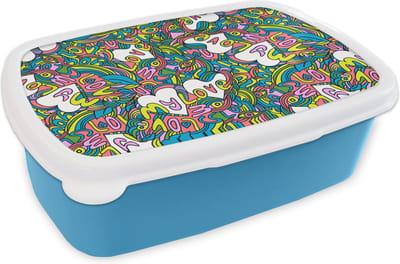 Broodtrommel Blauw - Lunchbox - Brooddoos - Meisje - Liefde - Patronen - Love - Girl - Kids - Kinderen - 18x12x6 cm - Kinderen - Jongen