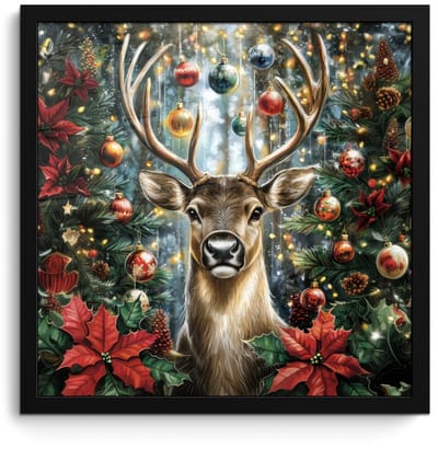 Poster in lijst - Fotolijst 40x40 cm - Posters - Kerstfeest - Dennenbos - Rood - Posterlijst zwart - Decoratie - Wanddecoratie woonkamer - Muurdecoratie slaapkamer - Kerstversiering - Kerstdecoratie voor binnen - Kerstmis