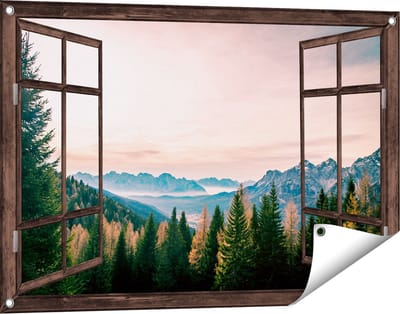 Gards Tuinposter Doorkijk Bos met Bomen bij Bergen Landschap - 90x60 cm - Tuindoek - Tuindecoratie - Wanddecoratie buiten - Tuinschilderij