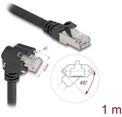 Delock GigE Camera Cable RJ45 plug 45° rotated and 90° angled with screws to RJ45 plug Cat.6 S/FTP 1 m black
