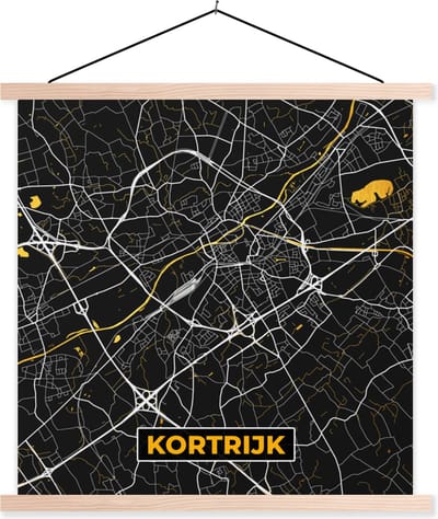 Posterhanger incl. Poster 40x40 cm - Schoolplaat - Kortrijk - Goud - Stadskaart - Plattegrond - Kaart - Textielposter - Blanke latten - Stadskaart