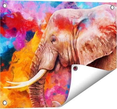 Gards Tuinposter Kleurrijke Olifant - Abstract - 50x40 cm - Tuindoek - Tuindecoratie - Wanddecoratie buiten - Tuinschilderij