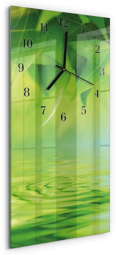 Tulup Wandklok - Bladeren Glazen Wandklok Design - 30x60 cm - Groente Klok Glas Met Opdruk - Zwarte Handen - Rechthoekige Wandklok - Wandklok Glas Met Motief - Decoratieve Glazen Klok