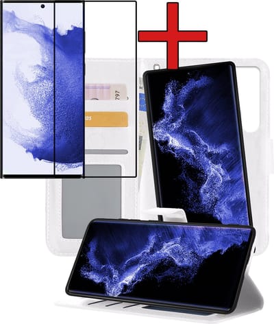 Hoesje - 2 in 1 - Geschikt voor Samsung Galaxy S22 Ultra - Met Screenprotector - En Uitneembare Hard Cover - Kunstleer - Bookcase - Wallet Case - Met Pasjeshouder - Book Case - Uitneembaar - Pashouder - Telefoonhoes - Wit
