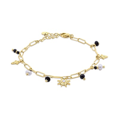 CO88 Collection - 8CB-91346 - schakelarmband vrouwen met parels, zwarte kralen en bedels - goudkleurig