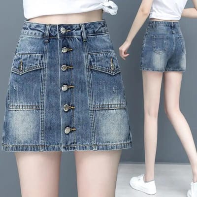Été Faux Deux-pièces Short en Denim Jupe Femmes Jambes Larges Taille Haute Mince Ample Boutonnage Simple Jupe-Pantalon A-line Femmes XXXL bleu
