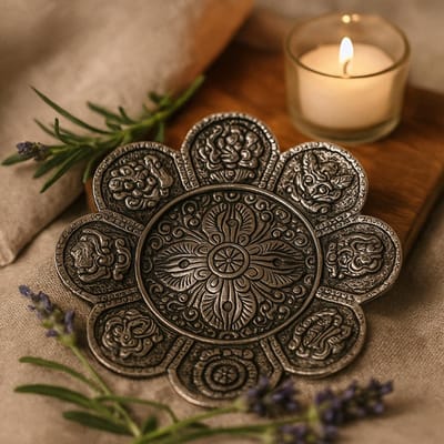 Polished Aluminium Tibetan Symbols Incense Holder 12cm