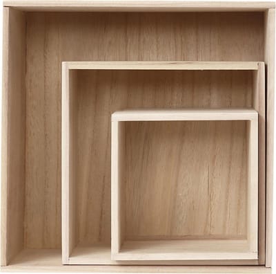Houten voorraaddozen, vierkant, h: 15x15+21,5x21,5+28x28 cm, diepte 12,5 cm, Keizerin boom, 3stuks