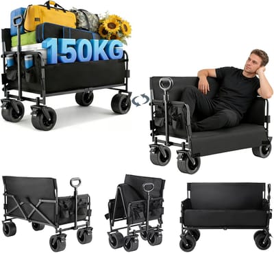 Strandwagen Bank - Transportwagen Kar - Strand Vervoer - Inklapbaar Flexibel - 445 kg Capaciteit - Zwart