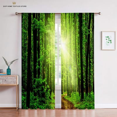 Bos Bladeren Zonnestralen Tule Gordijn, Gordijnen Doorzichtig Voile Gordijn, Gordijnen Raamdecoratie, Stuk Woonkamer, Slaapkamer, Keuken W50X130H(CM)X2PCS&Grommet Top