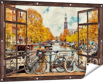 Gards Tuinposter Doorkijk Amsterdamse Brug bij een Brug met Fietsen - 120x80 cm - Tuindoek - Tuindecoratie - Wanddecoratie buiten - Tuinschilderij