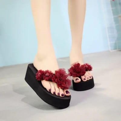 Bloemvormige Hoge Hak Flip-flops Dikke Zool Hoge Hak Slippers Dames Strand Anti-slip Slippers Mode Lichtgewicht Comfortabel Eenvoudig Casual 38 beige