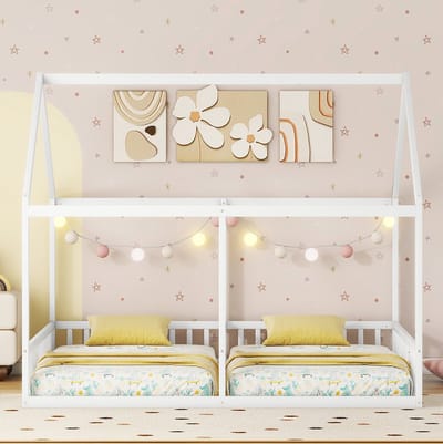 MEUNIQ 2-in-1 huisbed 204 x 187 cm met 2 slaapplaatsen 90 x 200 cm, veiligheidshekken en middenhek, kinderbed bedframe voor kinderkamer, wit