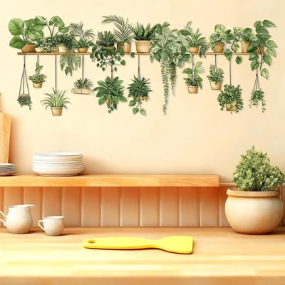 Tropische Muurdecoratie met Groene Bladeren en Hangende Planten voor de Keuken en Hal, Zelfklevende Muurstickers en Muurkunst