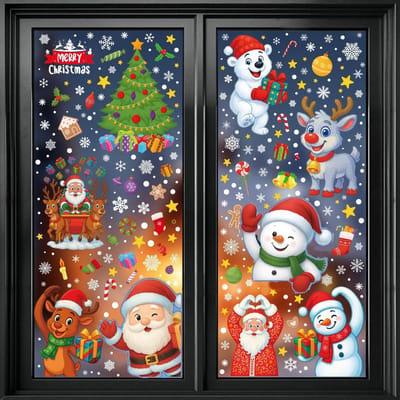 9 Vellen Zelfklevende Kerst Raamstickers, Raamdecoratie Kerstman en Sneeuwvlokken