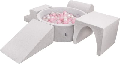 KiddyMoon schuimspeelplaats met rond ballenbad (200 ballen) ballenbakken voor baby's speelbad hindernisbanen, made in the eu, lichtgrijs:poederroze/parelmoer/transparant