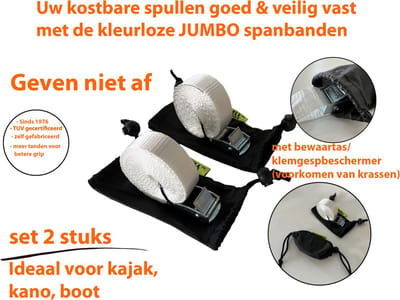 JUMBO Spanband Set – 2 Stuks – 3,5m x 25mm – Wit – Met Klemgespbeschermer – Voor Kajak, Kano, Surfboard & Transport – Inclusief Tas