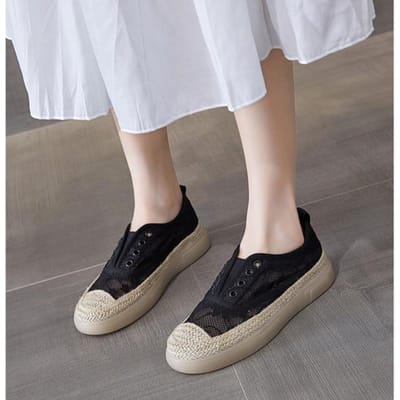 Chaussures Décontractées de Mode Creuses pour Dames Couleur Unie Respirantes Plates Compensées Espadrilles Mignonnes Féminines Chaussures Vulcanisées 36 noir