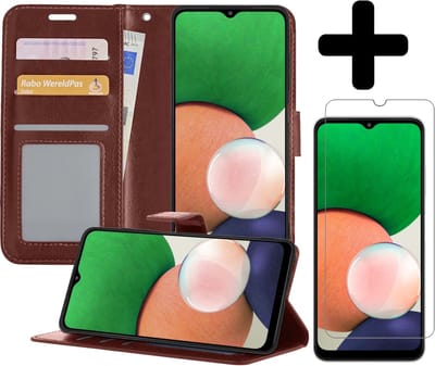 Hoesje - Met Screenprotector - Geschikt voor Samsung Galaxy M22 - Luxe Pasjeshouder - Bookcase Portemonee - Flip Case - Kunstleer Book Case - Flipcase - Book Cover - Walletcase - Portemonneehoes - Telefoonhoesjes - Bruin