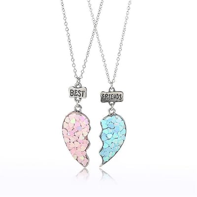 Bixorp Friends BFF Ketting voor 2 met Blauw & Roze Hartje Zilverkleurig - Vriendschapsketting - Twee Helften Best Friends -  Voor Meisjes  - Best Friends Ketting Vriendschap Cadeau voor Twee