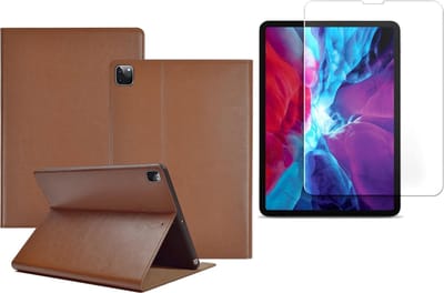 Hoes + Screenprotector geschikt voor iPad Pro 2020 12.9 inch - Leren Case Okerbruin