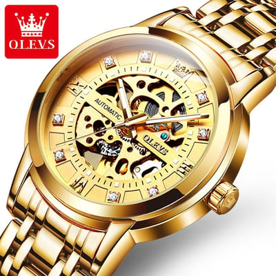 HO-9901.g : Olevs goudkleurig automatisch/mechanisch edelstaal heren skeleton horloge, 30ATM/3BAR, tourbillon, luminiscerend