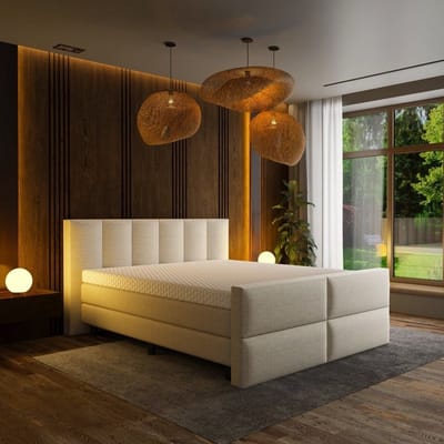 Mörgenn Luxe Boxspring Billy - Pocketvering - Luxe 6 baans hoofdbord - Luxe 4 vaks voetbord + Luxe Suprême topper - Inclusief Dekbed en Kussens - Beige - 140x200 cm