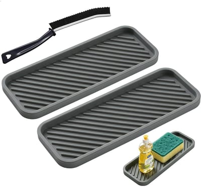 2 stuks organizer-dienblad van siliconen, sponshouder voor gootsteen, 23,4 x 9,3 cm, spoelbakorganizer van siliconen voor make-upzeep en fles, sneldrogend, grijs, met 1 borstel