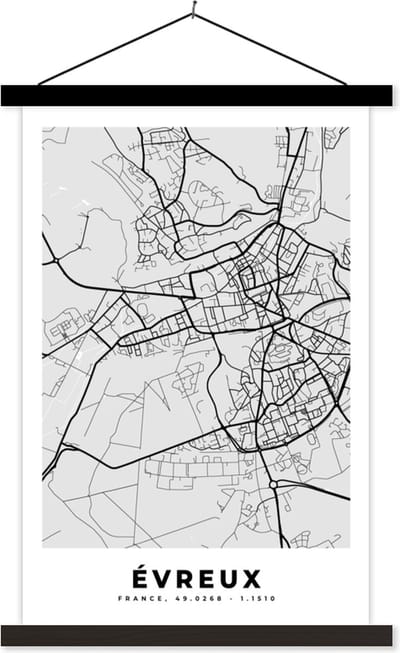 Posterhanger incl. Poster 40x60 cm - Schoolplaat - Stadskaart – Frankrijk – Kaart – Évreux – Plattegrond - Textielposter - Zwarte latten - Stadskaart