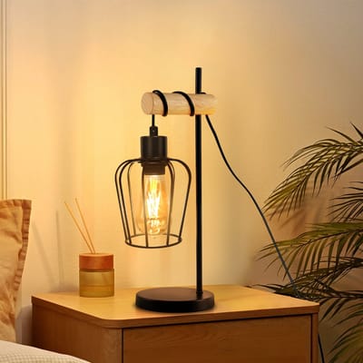 NETTLIFE Tafellamp Hout - 1xE27 - Vintage - zwart - Retro bedlamp - kooi Lampenkap - Metaal - incl. schakelaar - voor Slaapkamer | woonkamer | Kantoor - Zonder lichtbron