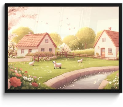 Poster in lijst - Fotolijst 70x50 cm - Posters - Schapen - Huisje - Platteland - Posterlijst zwart - Decoratie - Wanddecoratie woonkamer - Muurdecoratie slaapkamer