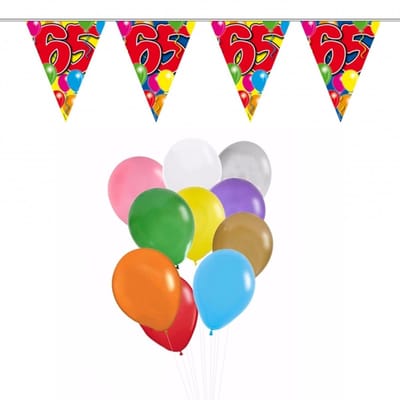 Folat Verjaardag 65 jaar feestartikelen set - 50x ballonnen - 2x leeftijd print vlaggenlijnen